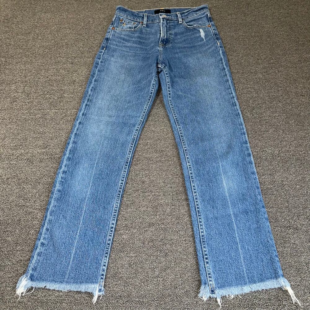 ABLE The Straight Jean Women's Size 25 Blue Denim Medium‎ Wash Raw Hem Casual